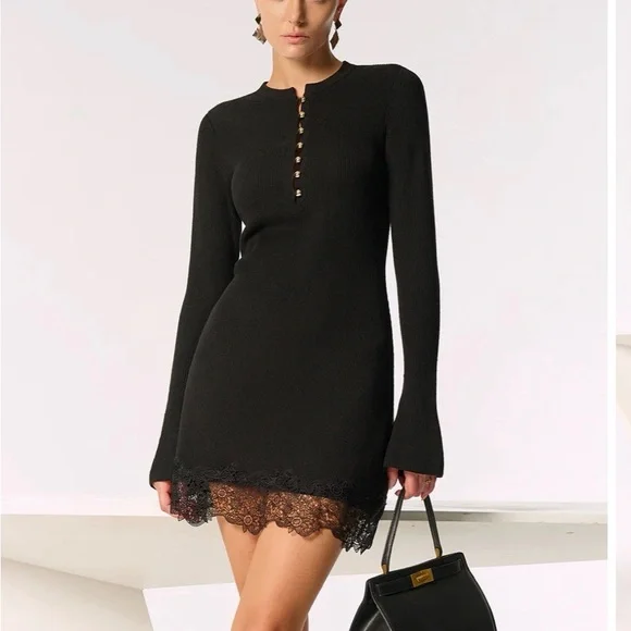 Commense Black Ribbed Dress with Lace Detail - Picture 3 of 4